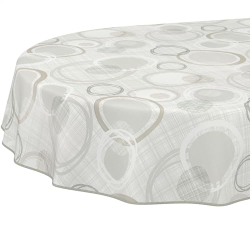 ANRO Tischdecke Wachstuch abwaschbar Wachstuchtischdecke Wachstischdecke Kreise Geometrie Weiß Grau Oval 200x140cm mit Saum - Eingefasst von ANRO