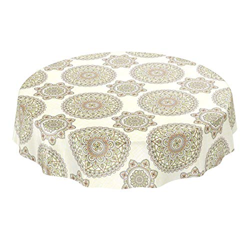 ANRO Tischdecke Wachstuch abwaschbar Wachstuchtischdecke Wachstischdecke Mandala Ornamente Grün-Creme Rund 140cm von ANRO