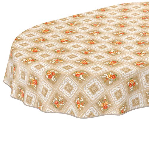 ANRO Tischdecke Wachstuch abwaschbar Wachstuchtischdecke Wachstischdecke Oma Style Gelb-Orange Oval 180x140cm mit Saum - Eingefasst von ANRO