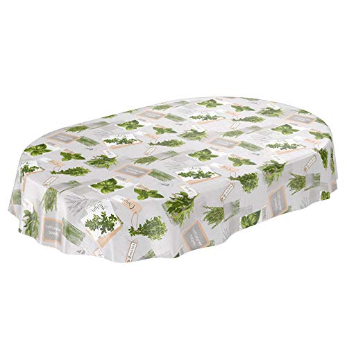 ANRO Tischdecke Wachstuchtischdecke Wachstuch Wachstischdecke pflegeleicht abwaschbar Kräuter Grün Beige Bio Basilikum Oval 140 x 200cm von ANRO
