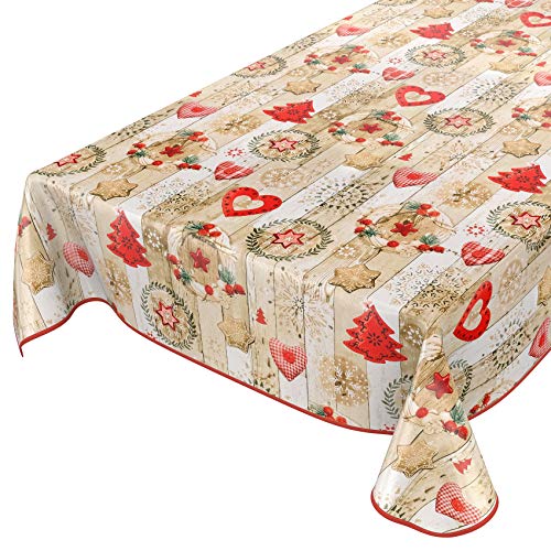 ANRO Tischdecke Weihnachtstischdecke abwaschbar Wachstischdecke Christmas Rot Beige 100x140cm mit Saum von ANRO