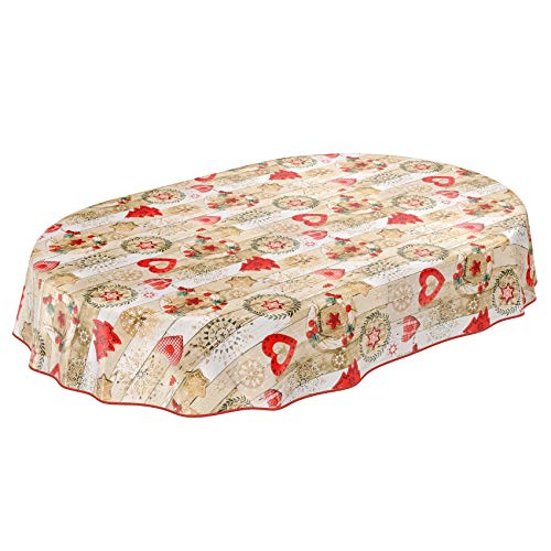 ANRO Tischdecke Weihnachtstischdecke abwaschbar Wachstischdecke Christmas Rot Beige Oval 180x140cm mit Saum von ANRO