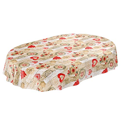 ANRO Tischdecke Weihnachtstischdecke abwaschbar Wachstischdecke Christmas Rot Beige Oval 200x140cm von ANRO