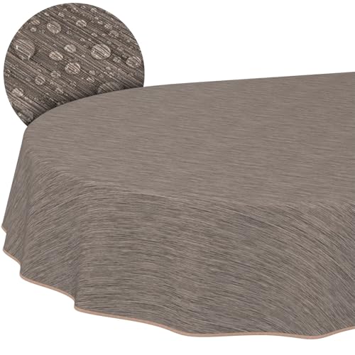 ANRO Tischdecke abwaschbar Wachstuch Wachstuchtischdecke Gartentischdecke Leinen-Optik Pflegeleicht Wasserabweisend 160 x 140 cm (Oval) Braun mit Saum von ANRO