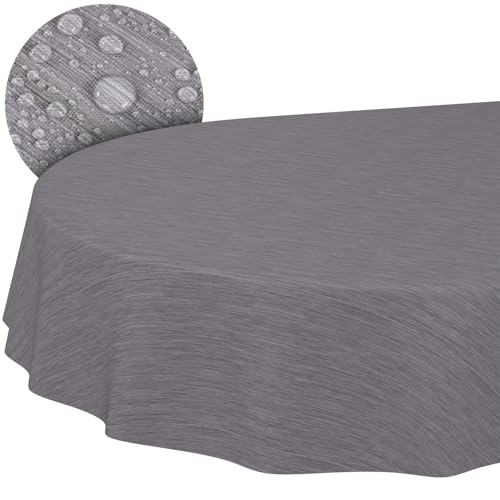 ANRO Tischdecke abwaschbar Wachstuch Wachstuchtischdecke Gartentischdecke Leinen-Optik Pflegeleicht Wasserabweisend 180 x 140 cm (Oval) Grau Schnittkante von ANRO