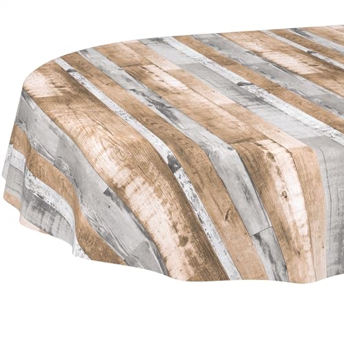 ANRO Tischdecke oval abwaschbar ohne Einfassung – PVC-Wachstuch Holzoptik Braun Grau – schmutzabweisend & strapazierfähig – für drinnen & draußen 180 x 140 cm (Oval) von ANRO