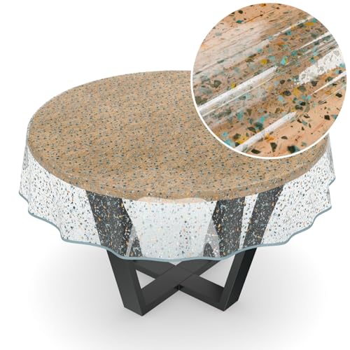 ANRO Tischdecke transparent Folie durchsichtige Wachstuchtischdecke Tischschutz Schutzfolie Tischfolie Bedruckt Motiv Terrazo Rund 120cm mit Saum von ANRO
