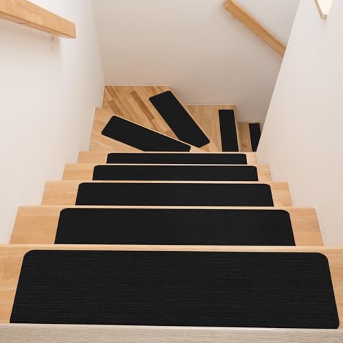 ANRO Treppenstufe Matte Stufenmatte selbsthaftend innen Treppenteppich Stufenteppich Treppenmatte rutschfest Treppenschutz 120x25cm Schwarz von ANRO