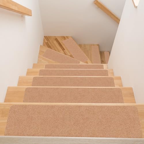 ANRO Treppenstufen Matte Stufenmatte selbsthaftend innen Treppenteppich Stufenteppich Treppenmatte rutschfest Treppenschutz für Kinder, Haustiere 150x25cm Hellbraun von ANRO