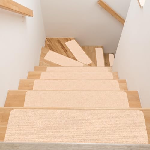 ANRO Treppenstufen Matte Stufenmatte selbsthaftend innen Treppenteppich Stufenteppich Treppenmatte rutschfest Treppenschutz für Kinder, Haustiere 50x20cm Creme von ANRO