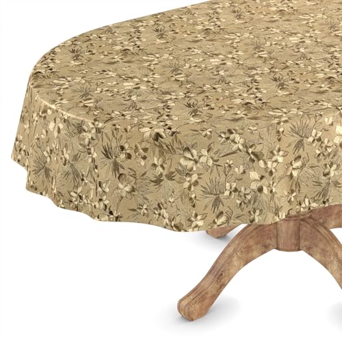 ANRO Wachstuch Tischdecke abwaschbar Wachstischdecke Plastik-Tischdecke Meterware edel glänzend eckig rund oval Oval 140 x 180cm Schnittkante Blumen Gold von ANRO