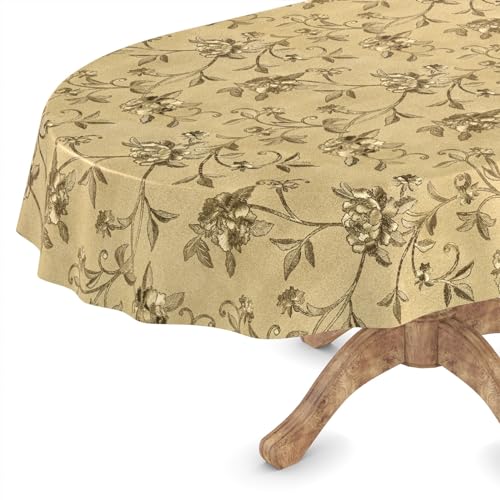 ANRO Wachstuch Tischdecke abwaschbar Wachstischdecke Plastik-Tischdecke Meterware edel glänzend eckig rund oval Oval 140 x 200cm Schnittkante Pionen Gold von ANRO