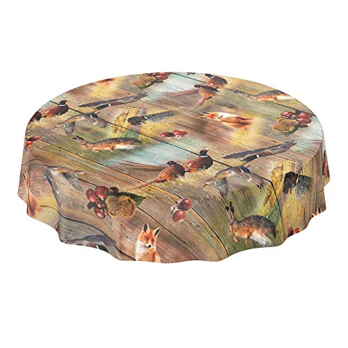 ANRO Wachstuch Tischdecke abwaschbar Wachstuchtischdecke Wachstischdecke Jagt Wild Jäger Motiv Holz Rund 140cm von ANRO