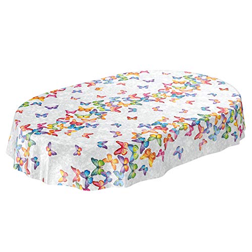 ANRO Wachstuch Tischdecke abwaschbar Wachstuchtischdecke Wachstischdecke Schmetterlinge Silber Bunt Oval 180x140cm von ANRO