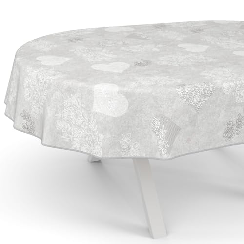 ANRO Wachstuchtischdecke Wachstischdecke Wachstuch Tischdecke abwaschbar Gartentischdecke Rund Oval Eckig Oval 200x140cm mit Saum (Eingefasst) Herz Grau von ANRO