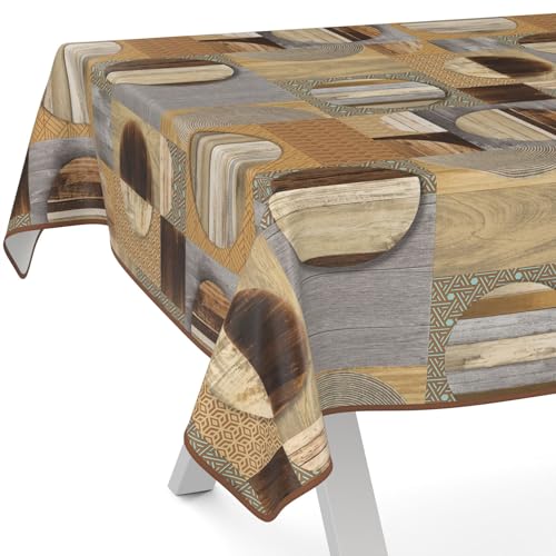 ANRO Wachstuchtischdecke Wachstischdecke Wachstuch Tischdecke abwaschbar Gartentischdecke Wasserabweisend 240x140cm mit Saum (Eingefasst) Holz Patchwork Braun von ANRO