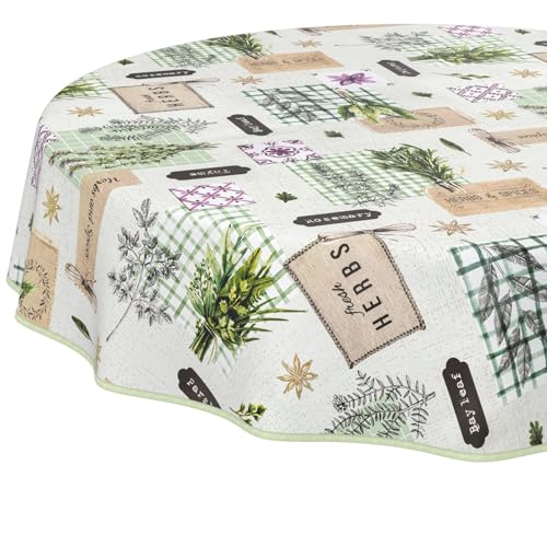 ANRO Wachstuchtischdecke Wachstischdecke Wachstuch Tischdecke abwaschbar Gartentischdecke Wasserabweisend Rund 120cm mit Saum (Eingefasst) Kräuter Grün von ANRO