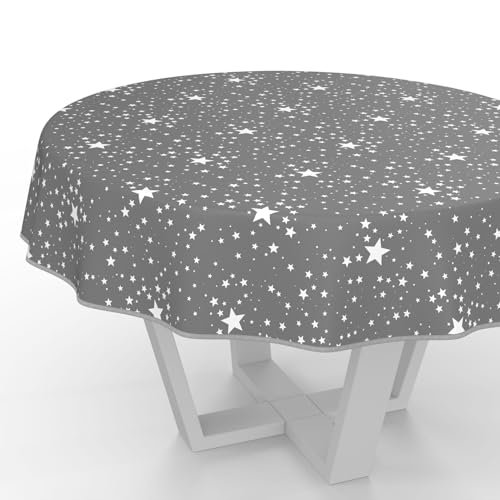 ANRO Wachstuchtischdecke Wachstischdecke Wachstuch Tischdecke abwaschbar Gartentischdecke Wasserabweisend Rund 140cm mit Saum (Eingefasst) Sterne Silber von ANRO