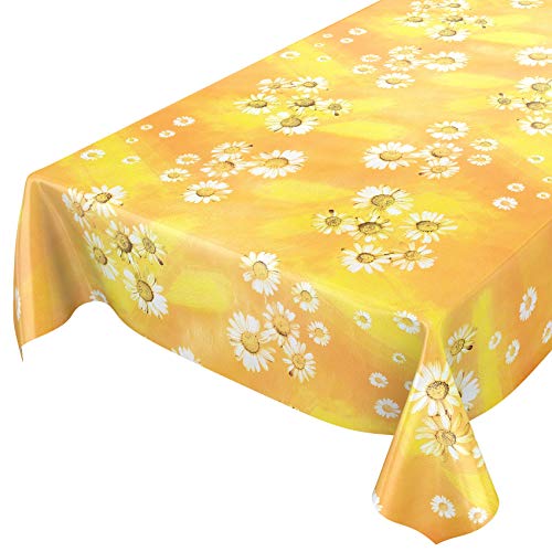 ANRO Wachstuchtischdecke Wachstuch Wachstischdecke Tischdecke Kamille Gelb Blumen Sonne 200x140cm abwaschbar eingefasst von ANRO