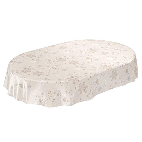 ANRO Wachstuchtischdecke Wachstuch Wachstischdecke Tischdecke Weihnachten Schneeflocken Beige Oval 200x140cm eingefasst von ANRO