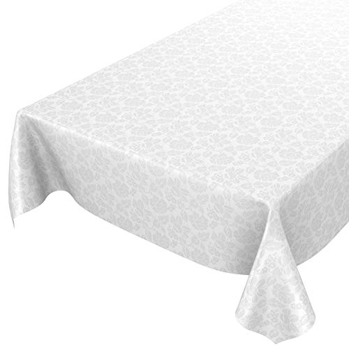 ANRO Wachstuchtischdecke Wachstuch abwaschbar Tischdecke Blumen Einfarbig Uni Weiß Reliefdruck Damast 200x140cm eingefasst von ANRO