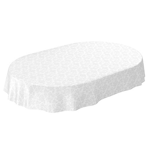ANRO Wachstuchtischdecke Wachstuch abwaschbar Tischdecke Blumen Einfarbig Uni Weiß Reliefdruck Damast Oval 220x140cm von ANRO