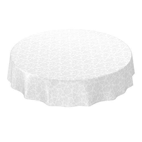 ANRO Wachstuchtischdecke Wachstuch abwaschbar Tischdecke Blumen Einfarbig Uni Weiß Reliefdruck Damast Rund 100cm eingefasst von ANRO