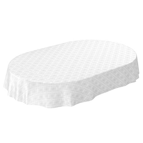 ANRO Wachstuchtischdecke Wachstuch abwaschbar Tischdecke Karo Einfarbig Uni Weiß Reliefdruck Damast Oval 180x140cm von ANRO