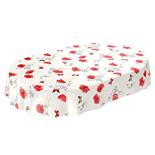ANRO abwaschbare Tischdecke Wachstuchtischdecke Wachstischdekce PVC Mohnblumen Schmetterlinge Weiß/Silber Oval 260x140cm von ANRO