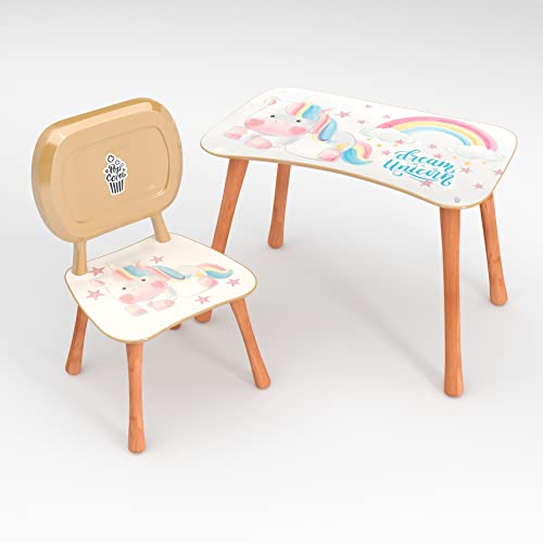 ANRO Kindertisch mit Stuhl Kindersitzgruppe Kinder Tisch Stuhl Set Holz für Kleinkinder Motiv Dream Unicorn für Jungs und Mädchen von ANRO