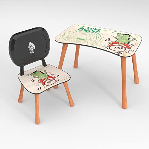ANRO Kindertisch mit Stuhl Kindersitzgruppe Kinder Tisch Stuhl Set Holz für Kleinkinder Motiv Drumms für Jungs und Mädchen von ANRO