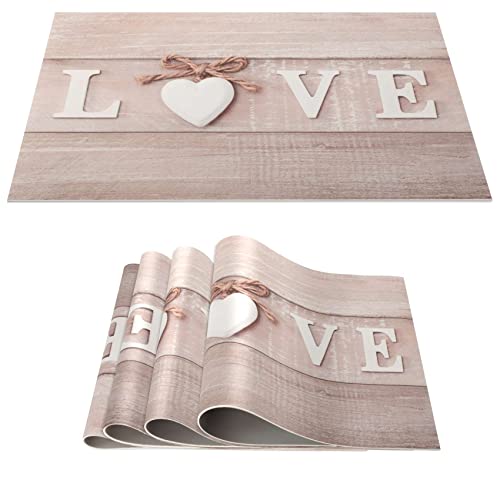 Platzset Tischset abwaschbar PVC Platzdeckchen rutschfest Tischuntersetzer Hitzebeständig Esstisch Deko für drinnen & draußen 30x45cm Liebe Holz Brett 4-er Set von ANRO