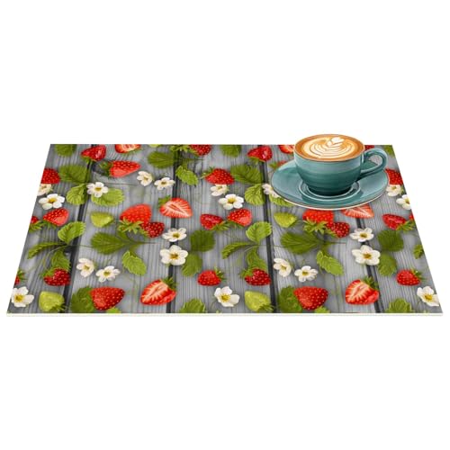 Platzset Tischset abwaschbar PVC Platzdeckchen rutschfest Tischuntersetzer Hitzebeständig Esstisch waschbar für drinnen & draußen Erdbeer Holz Grau 35x50cm von ANRO