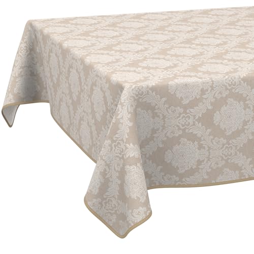Stoff Tischdecke Textil Tischwäsche Tischtuch Baumwolle Polyester abwaschbar Uni Ornament Damast Jacquard Gewebe waschbar Barock Beige 140x140cm mit Saum (Eingefasst) von ANRO