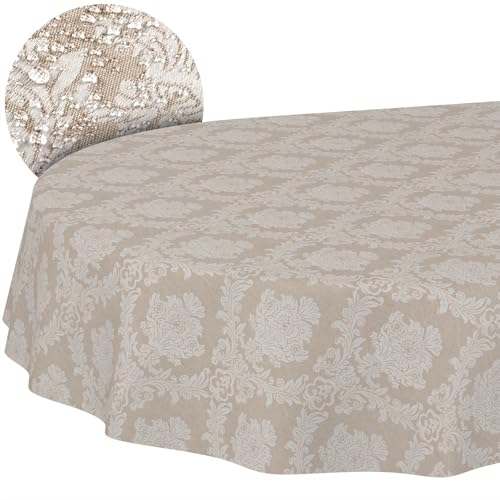 Stoff Tischdecke Textil Tischwäsche Tischtuch Baumwolle Polyester abwaschbar Uni Ornament Damast Jacquard Gewebe waschbar Barock Beige Oval 180x140cm Schnittkante von ANRO