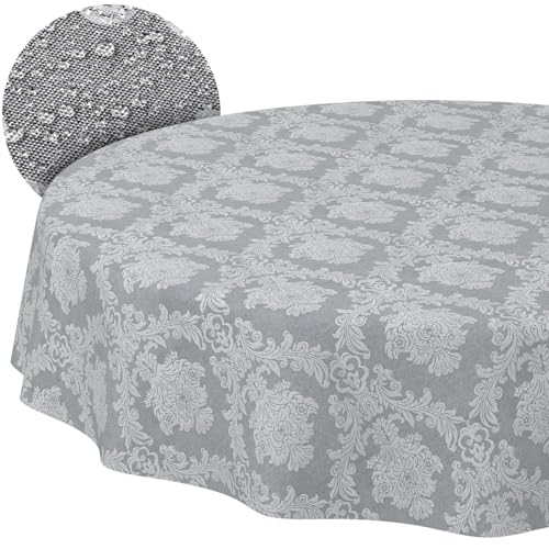 Stoff Tischdecke Textil Tischwäsche Tischtuch Baumwolle Polyester abwaschbar Uni Ornament Damast Jacquard Gewebe waschbar Barock Grau Rund 140cm Schnittkante von ANRO