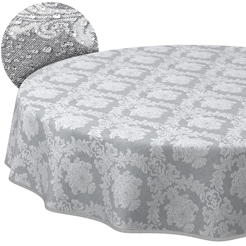 Stoff Tischdecke Textil Tischwäsche Tischtuch Baumwolle Polyester abwaschbar Uni Ornament Damast Jacquard Gewebe waschbar Barock Grau Rund 155cm mit Saum (Eingefasst) von ANRO