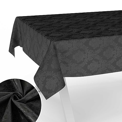 Stoff Tischdecke Textil Tischwäsche Tischtuch Baumwolle Polyester abwaschbar Uni Ornament Damast Jacquard Gewebe waschbar Barock Schwarz 160x120cm Schnittkante von ANRO