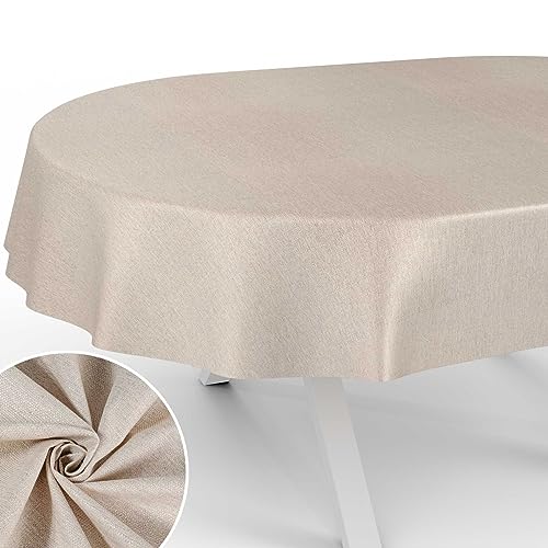 Stoff Tischdecke Textil Tischwäsche Tischtuch Baumwolle Polyester abwaschbar Uni Ornament Damast Jacquard Gewebe waschbar Beige Grau Oval 180x140cm Schnittkante von ANRO