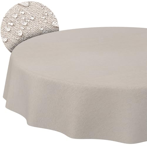 Stoff Tischdecke Textil Tischwäsche Tischtuch Baumwolle Polyester abwaschbar Uni Ornament Damast Jacquard Gewebe waschbar Beige Grau Rund 155cm Schnittkante von ANRO