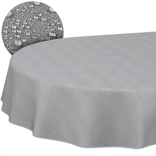 Stoff Tischdecke Textil Tischwäsche Tischtuch Baumwolle Polyester abwaschbar Uni Ornament Damast Jacquard Gewebe waschbar Dunkelgrau Oval 200x140cm mit Saum (Eingefasst) von ANRO