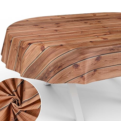 Stoff Tischdecke Tischwäsche Textil Tischtuch Baumwolle Polyester Gewebe abwaschbar pflegeleicht, in rund oval eckig Holz Braun Oval 260x140cm Schnittkante von ANRO
