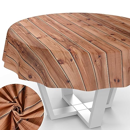 Stoff Tischdecke Tischwäsche Textil Tischtuch Baumwolle Polyester Gewebe abwaschbar pflegeleicht, in rund oval eckig Holz Braun Rund 140cm Schnittkante von ANRO