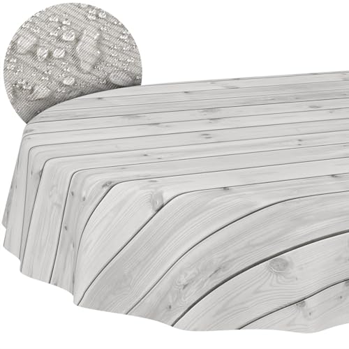 Stoff Tischdecke Tischwäsche Textil Tischtuch Baumwolle Polyester Gewebe abwaschbar pflegeleicht, in rund oval eckig Holz Grau Oval 180x140cm Schnittkante von ANRO