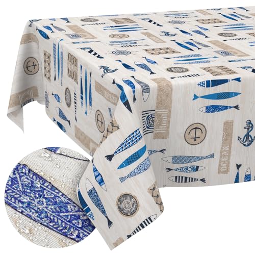 Stoff Tischdecke Tischwäsche Textil Tischtuch Baumwolle Polyester Gewebe abwaschbar pflegeleicht, in rund oval eckig Maritim 180x100cm Schnittkante von ANRO
