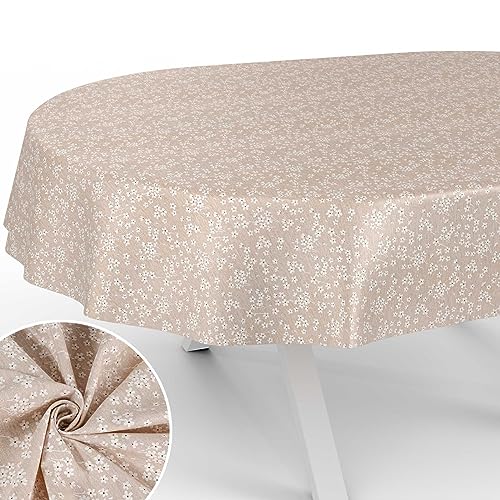 Stoff Tischdecke Tischwäsche Textil Tischtuch Baumwolle Polyester Gewebe abwaschbar pflegeleicht, in rund oval eckig Violen Beige Oval 180x140cm Schnittkante von ANRO