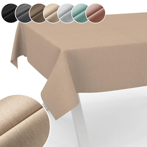 Tischdecke Mila Stoff abwaschbar Tischtuch Tafeldecke Jacquard Teflon beschichtet pflegeleicht Lotuseffekt schmutz- & wasserabweisend Uni Leinenoptik 120x140cm Schnittkante Beige von ANRO