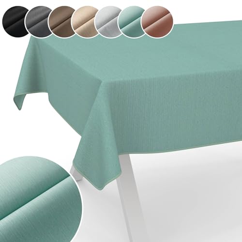 Tischdecke Mila Stoff abwaschbar Tischtuch Tafeldecke Jacquard Teflon beschichtet pflegeleicht Lotuseffekt schmutz- & wasserabweisend Uni Leinenoptik 240x140cm mit Saum (Eingefasst) Mint von ANRO