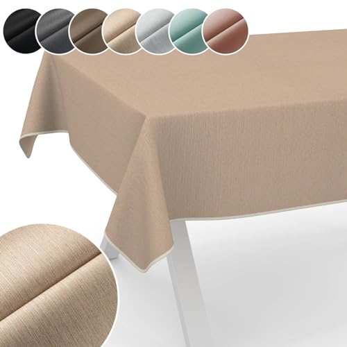 Tischdecke Mila Stoff abwaschbar Tischtuch Tafeldecke Jacquard Teflon beschichtet pflegeleicht Lotuseffekt schmutz- & wasserabweisend Uni Leinenoptik 90x130cm mit Saum (Eingefasst) Beige von ANRO