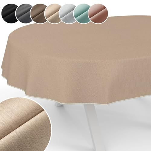 Tischdecke Mila Stoff abwaschbar Tischtuch Tafeldecke Jacquard Teflon beschichtet pflegeleicht Lotuseffekt schmutz- & wasserabweisend Uni Leinenoptik Oval 220x140cm mit Saum (Eingefasst) Beige von ANRO